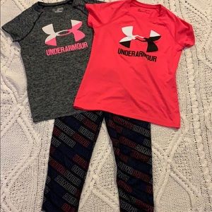 Under Armour workout leggings, 2 short sleeve tops